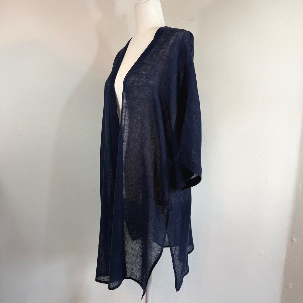 Soft Surroundings Linen Kimono Cardigan Large Navy Sheer Coastal Lagenlook Boho - Picture 3 of 13